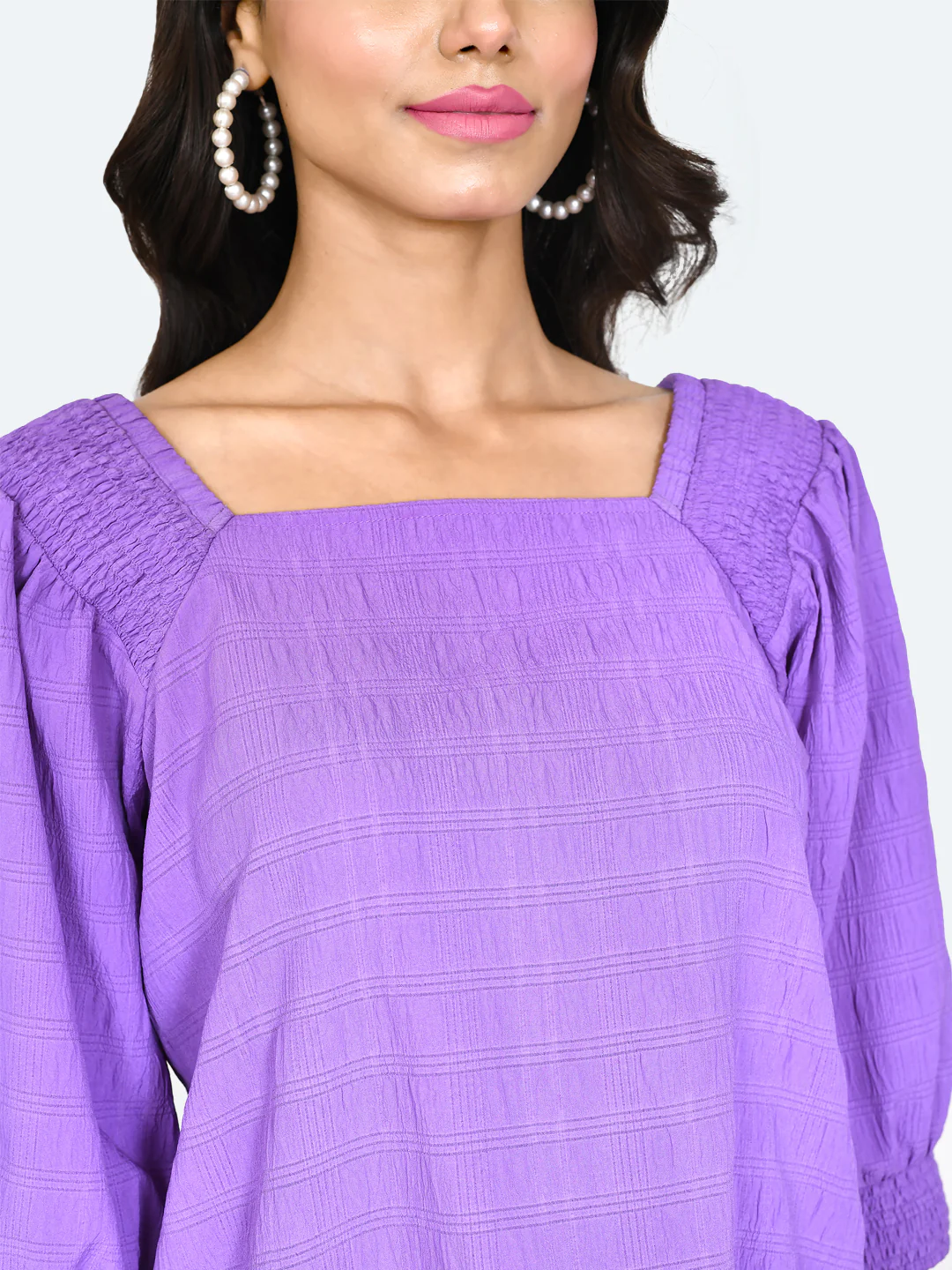 Purple Self Design Puff Sleeve Top - Image 6