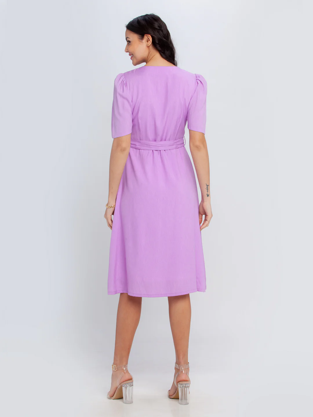 Purple Solid Puff Sleeve Midi Dress - Image 3