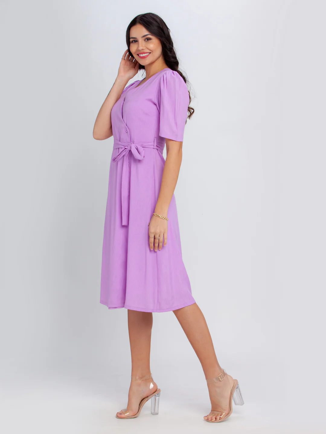 Purple Solid Puff Sleeve Midi Dress - Image 4