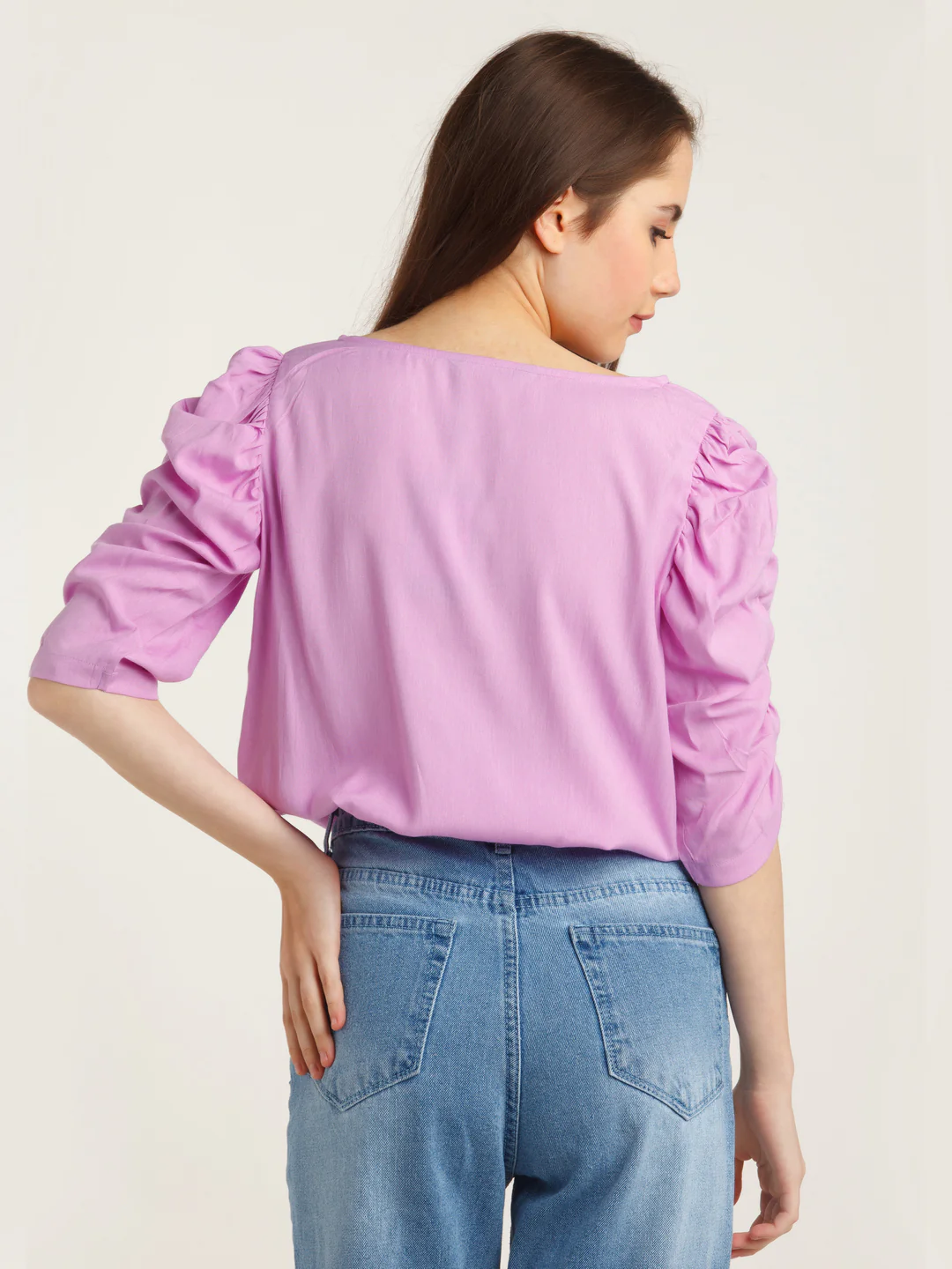 Purple Solid Puff Sleeve Top - Image 3
