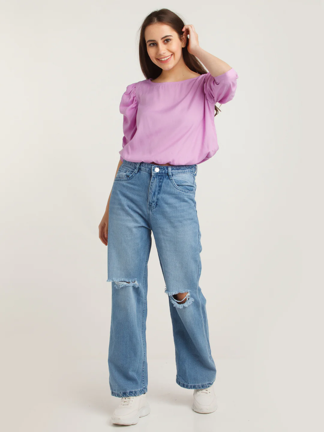 Purple Solid Puff Sleeve Top - Image 4