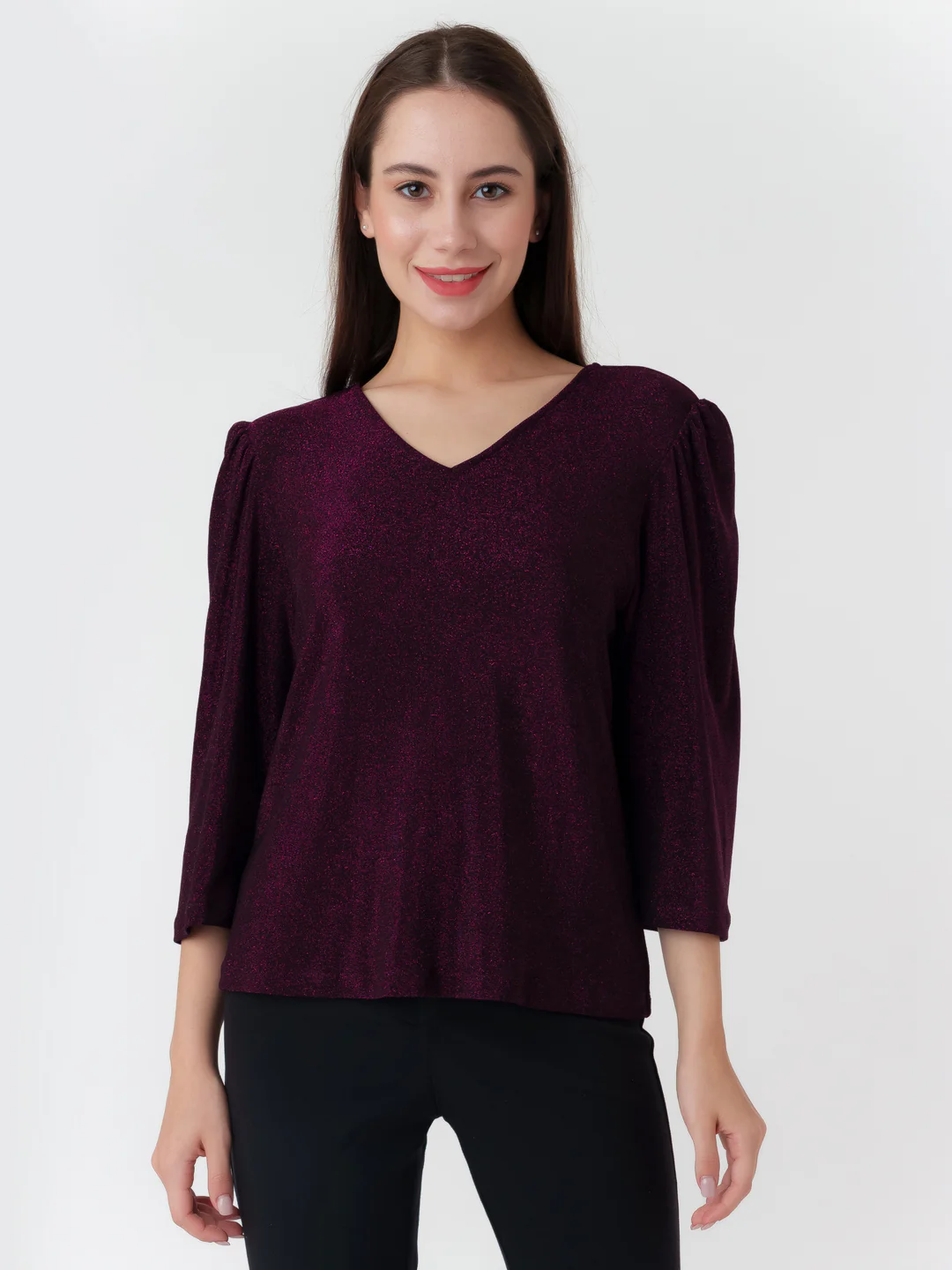 Purple Solid Puff Sleeve Top - Image 2