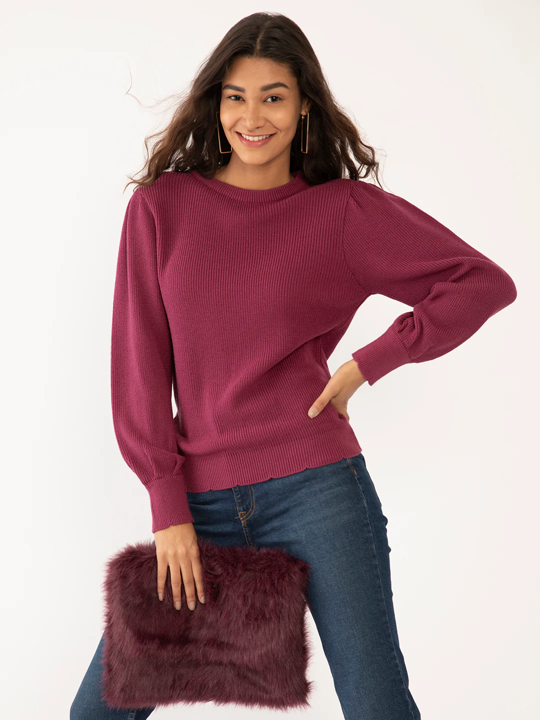 Purple Solid Regular Sweaters - Image 2