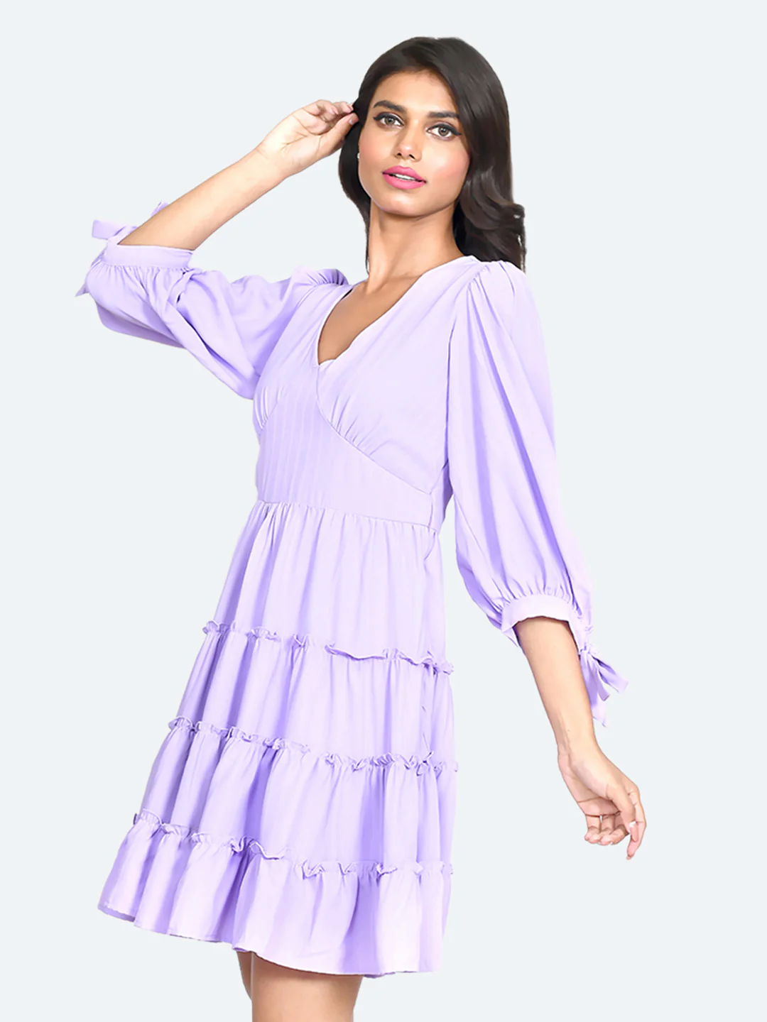 Purple Solid Tiered Short Dress - Image 3