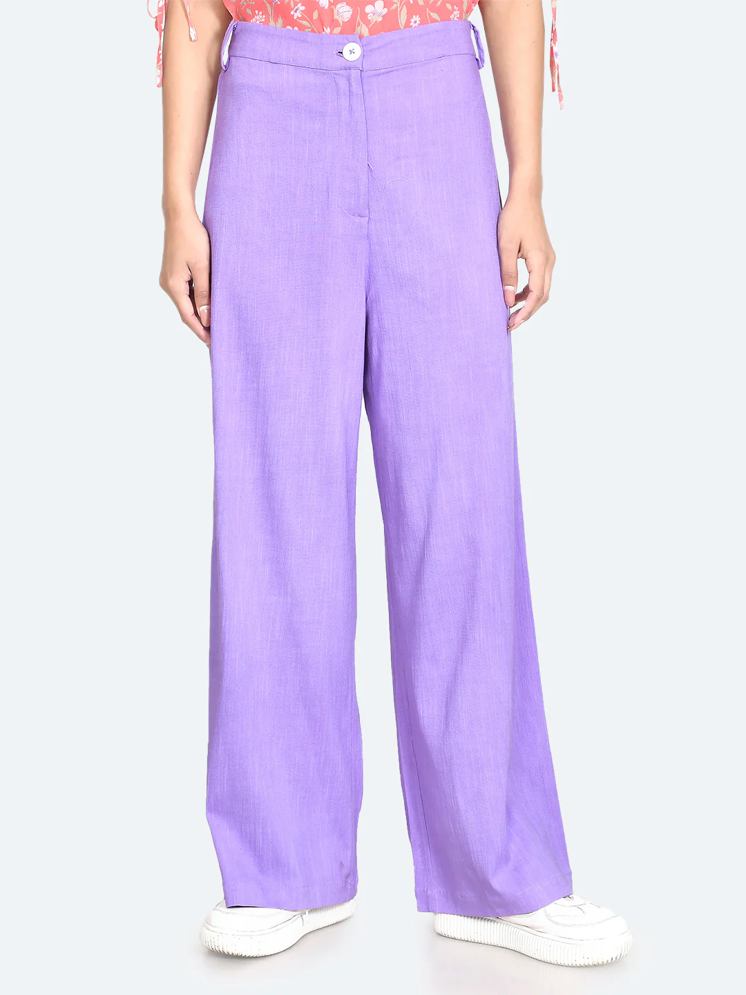 Purple Solid Wide Leg Trousers - Image 2