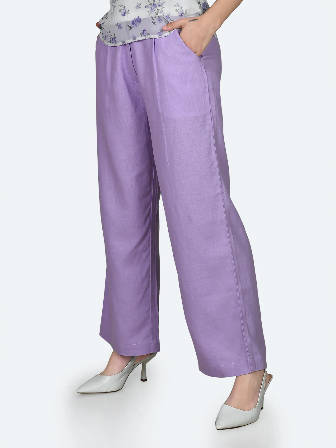 Purple Solid Wide Leg Trousers - Image 3
