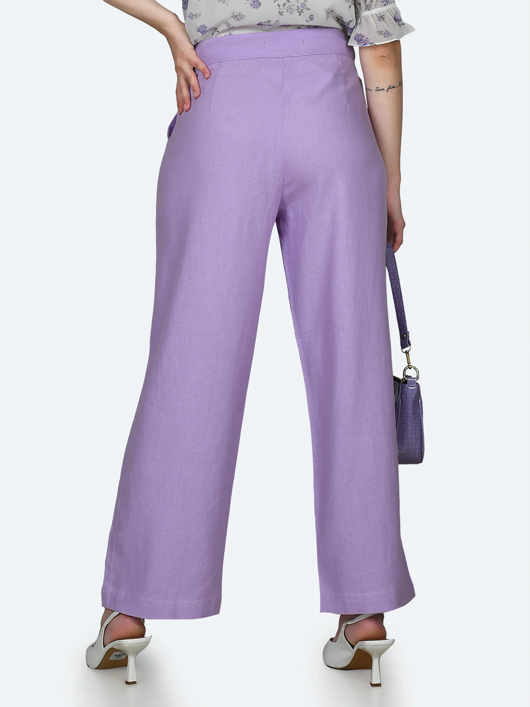Purple Solid Wide Leg Trousers - Image 4