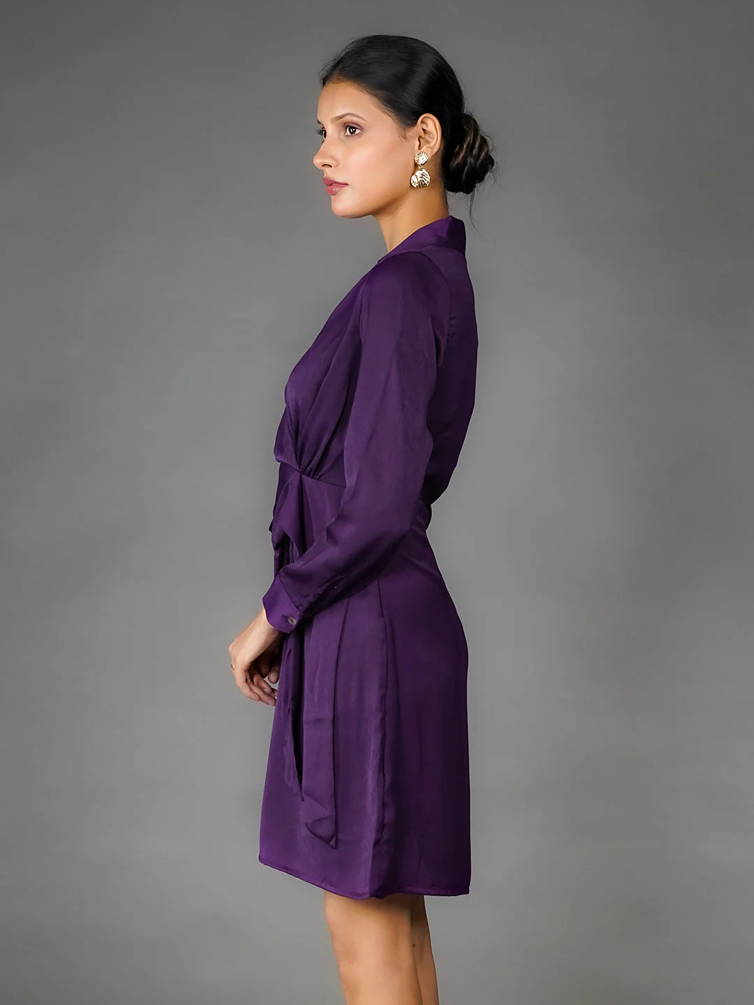 Purple Solid Wrap Mini Dress - Image 3