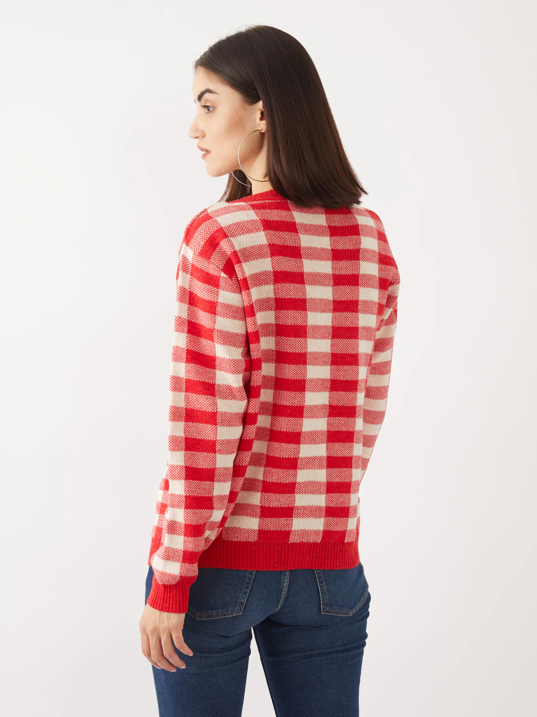 Red Checked Cropped Cardigan - Image 4