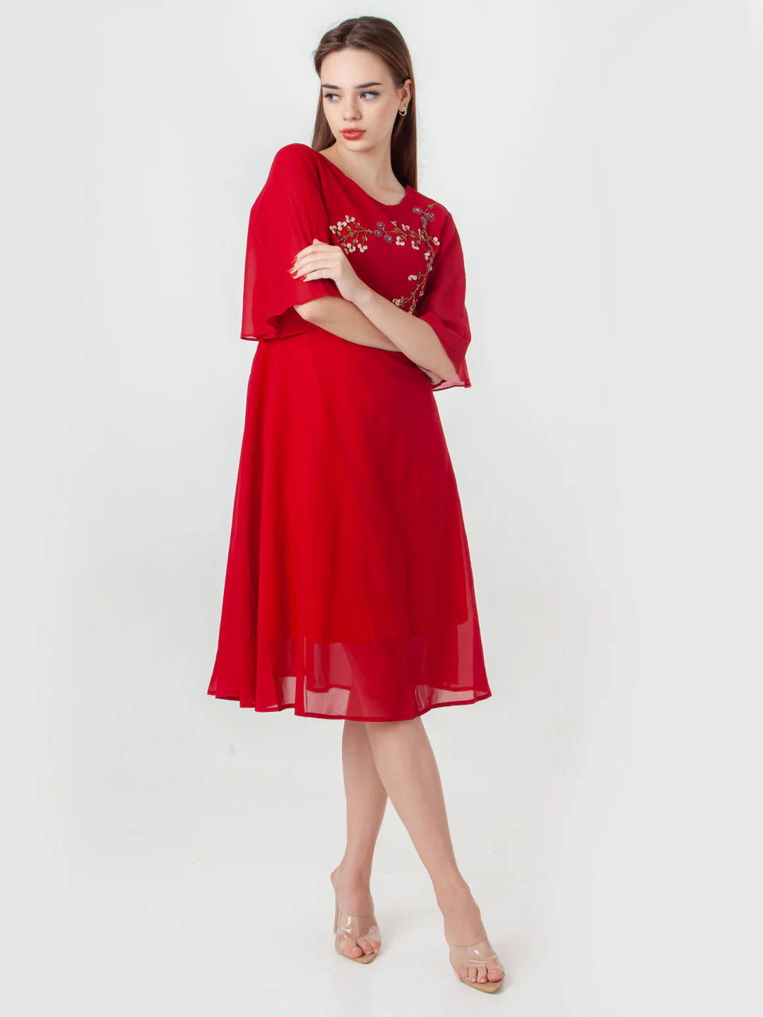 Red Embroidered Flared Midi Dress