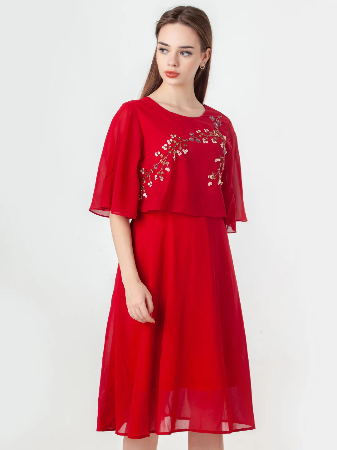 Red Embroidered Flared Midi Dress - Image 2