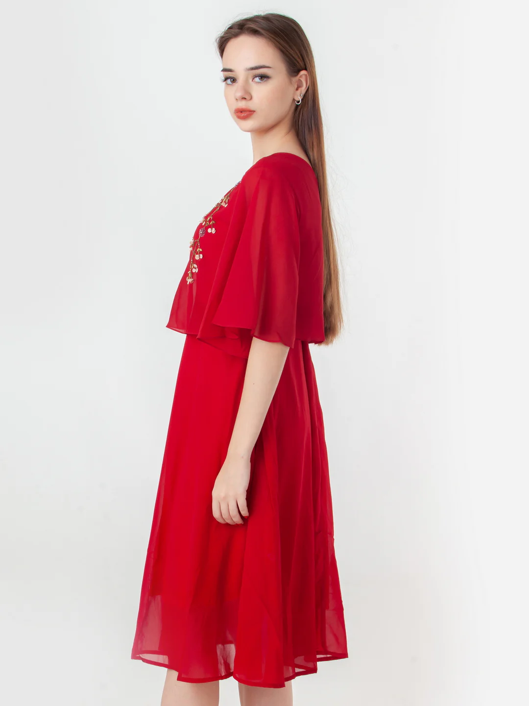 Red Embroidered Flared Midi Dress - Image 3
