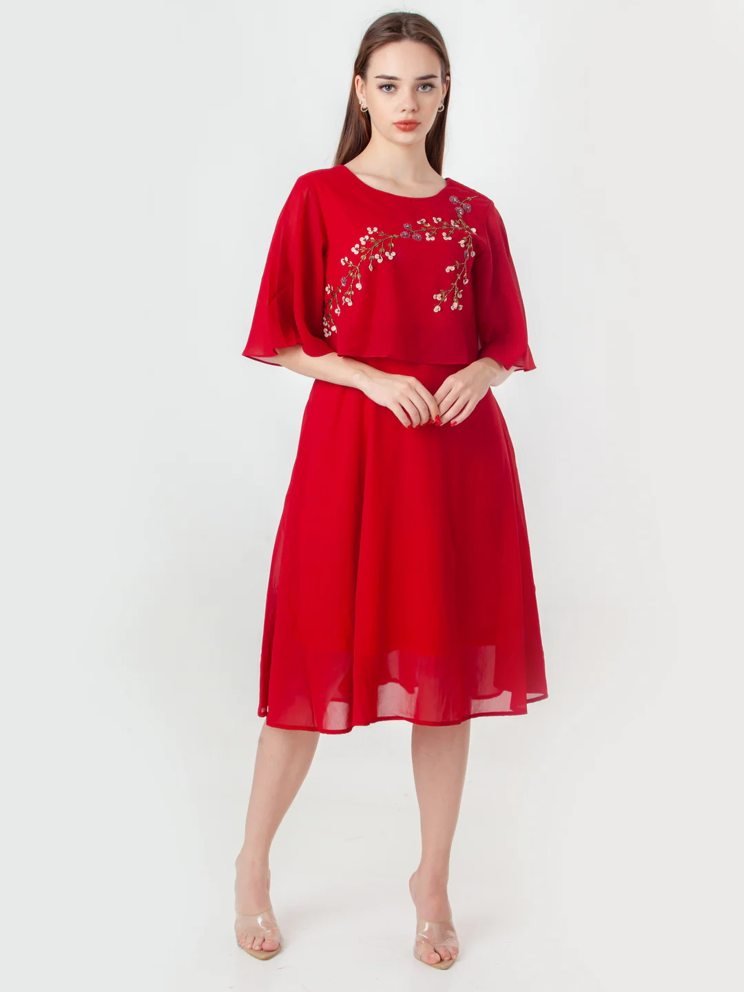 Red Embroidered Flared Midi Dress - Image 5