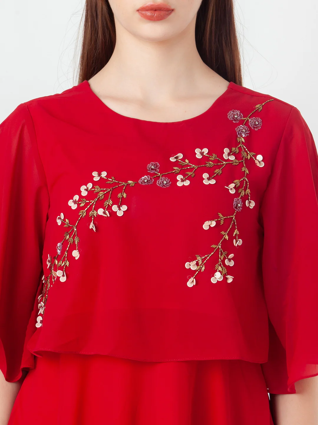 Red Embroidered Flared Midi Dress - Image 6