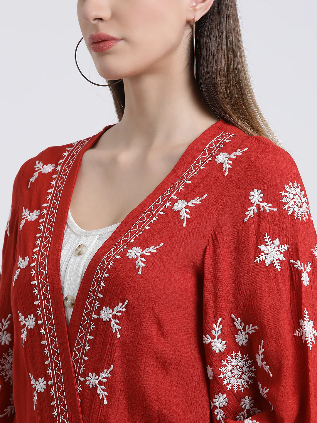 Red Embroidered Open-Front Shrug - Image 6