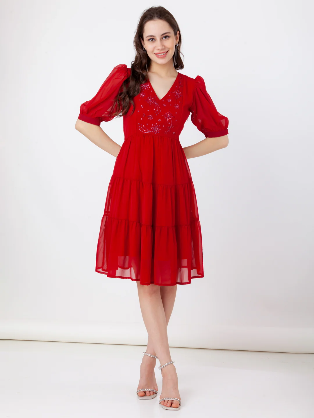 Red Embroidered Tiered Short Dress