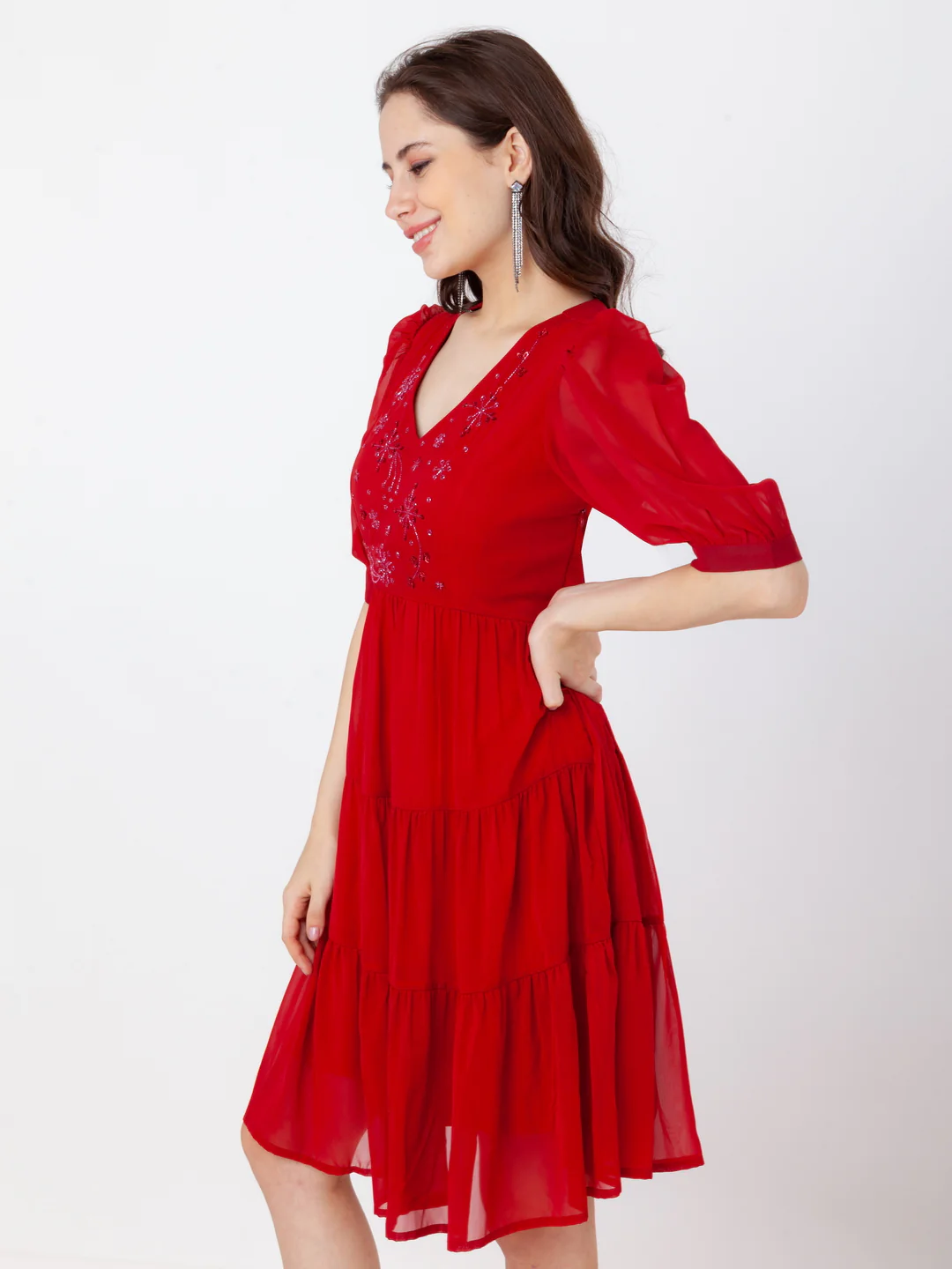 Red Embroidered Tiered Short Dress - Image 4