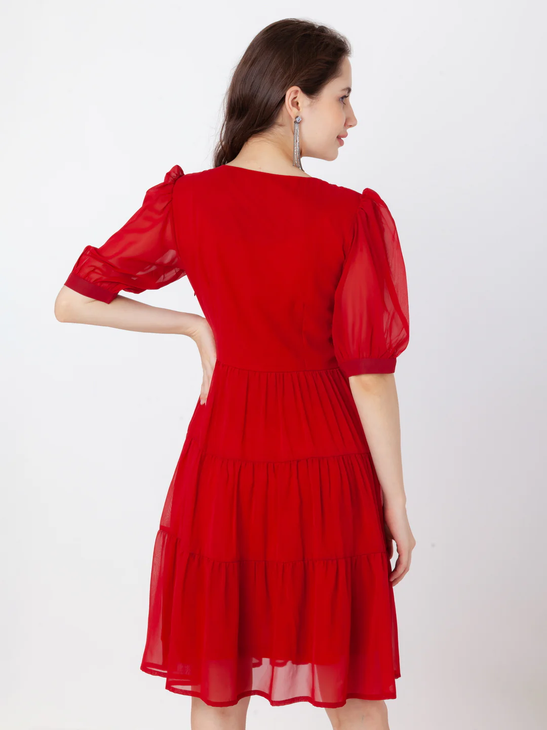 Red Embroidered Tiered Short Dress - Image 5
