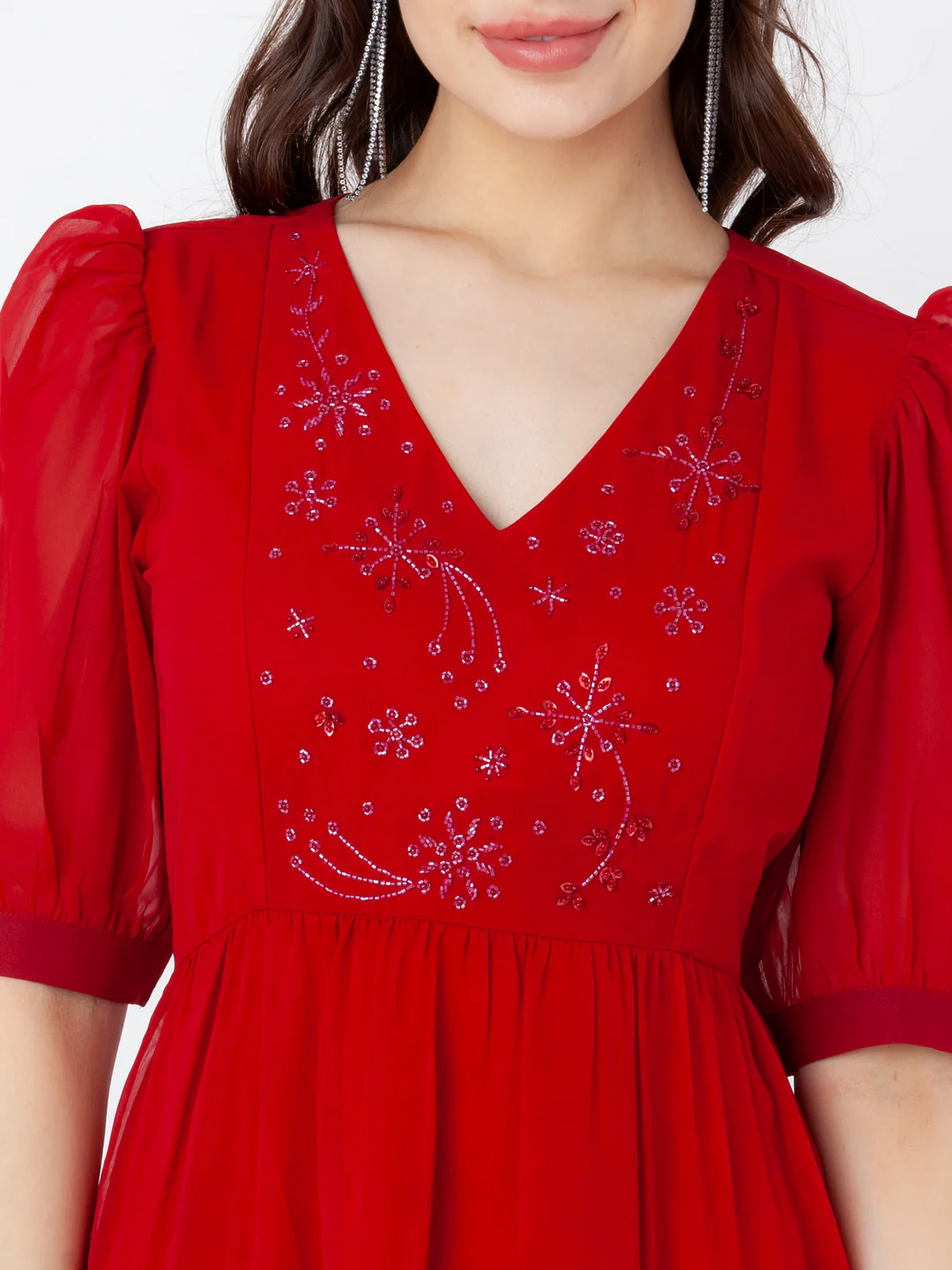 Red Embroidered Tiered Short Dress - Image 6