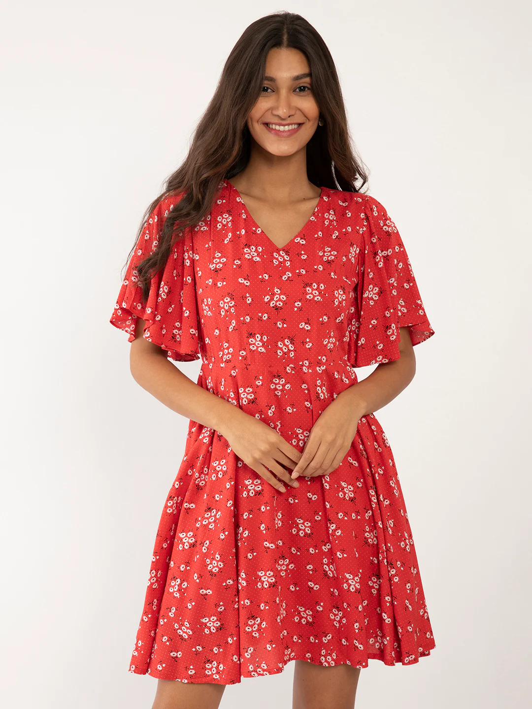Red Floral Print Flared Sleeve Short Dress - Image 2