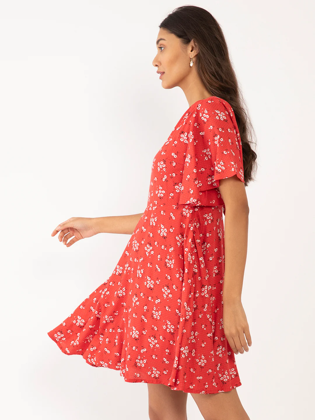 Red Floral Print Flared Sleeve Short Dress - Image 3