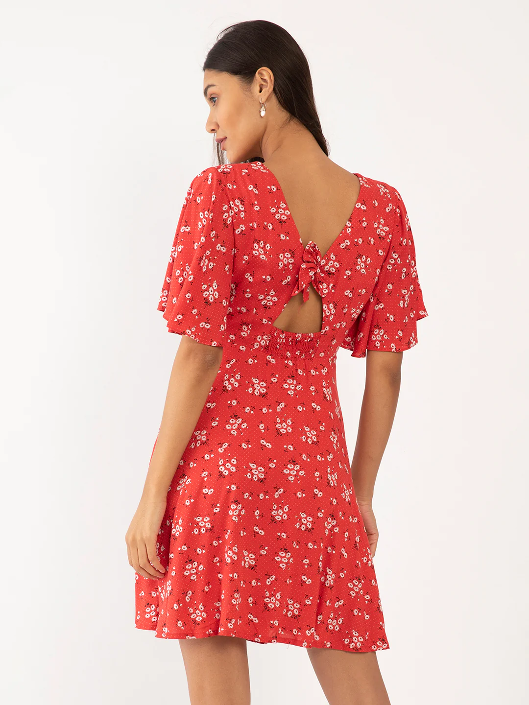 Red Floral Print Flared Sleeve Short Dress - Image 4