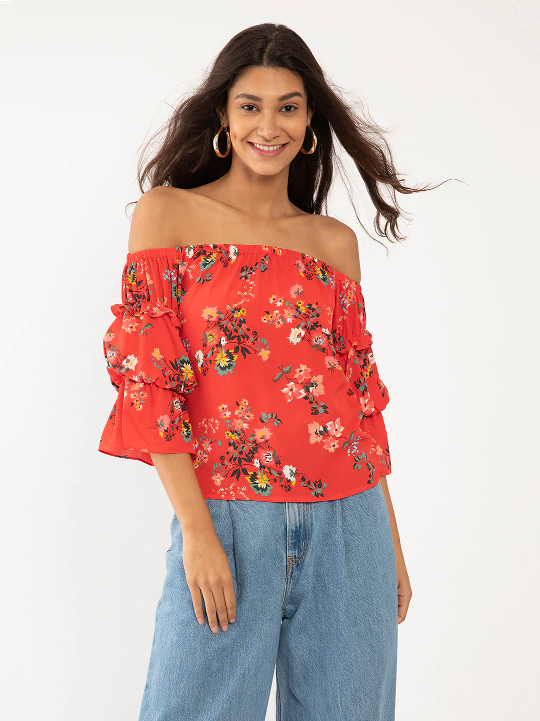 Red Floral Print Off-shoulder Top - Image 2
