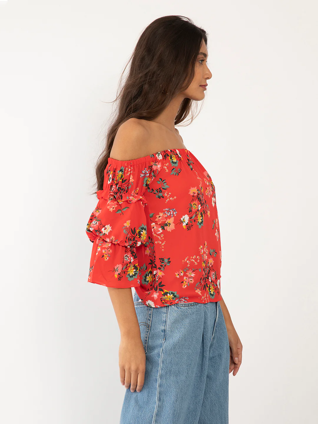 Red Floral Print Off-shoulder Top - Image 3