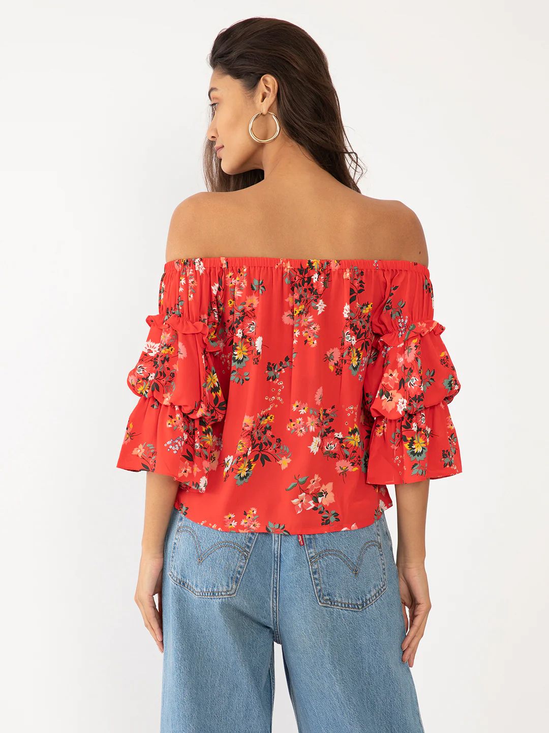 Red Floral Print Off-shoulder Top - Image 4