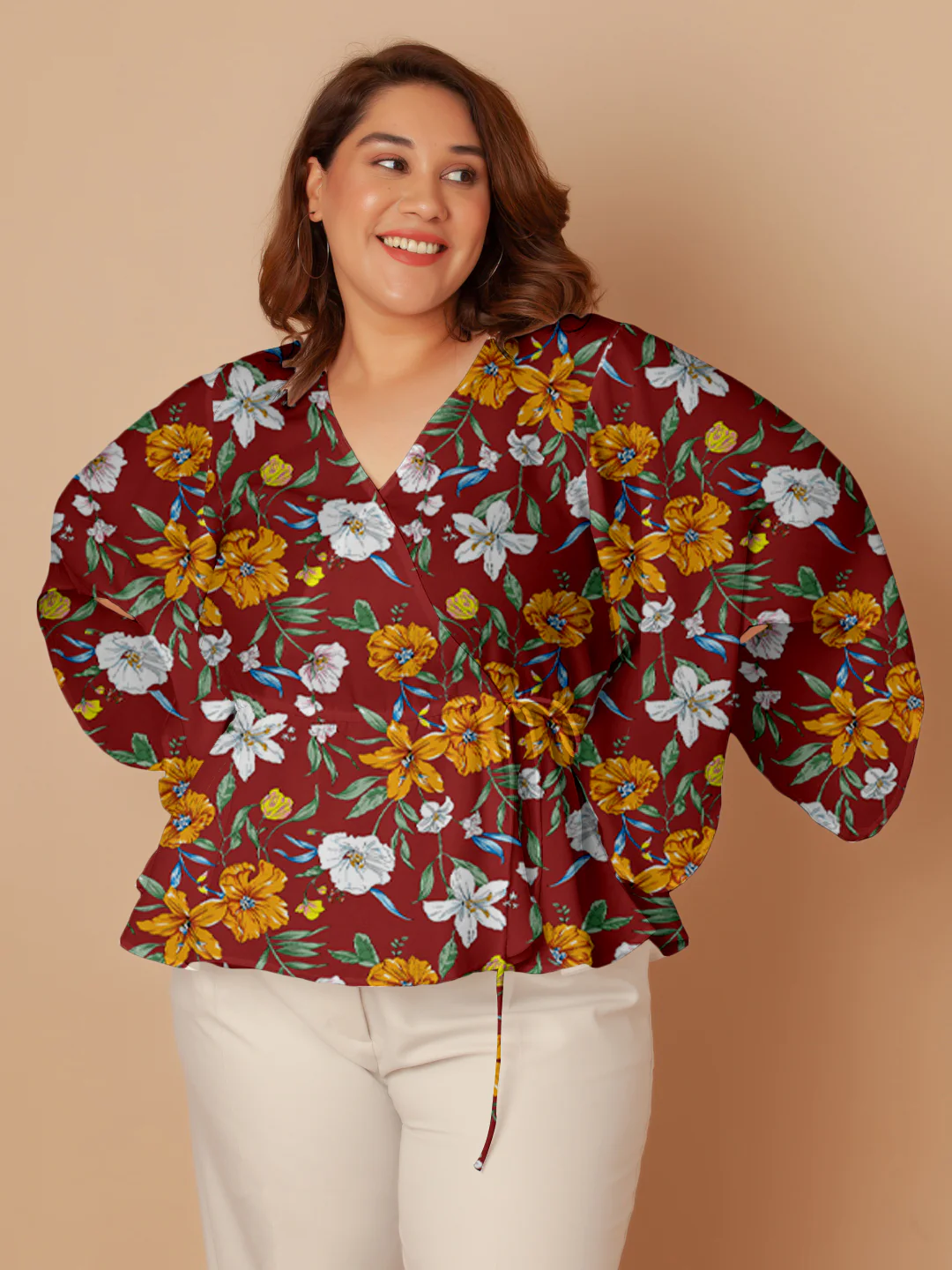 Red Floral Print Peplum Top - Image 2