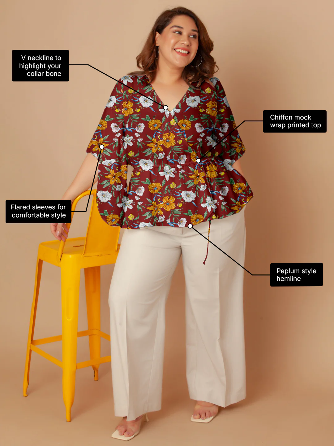 Red Floral Print Peplum Top - Image 3