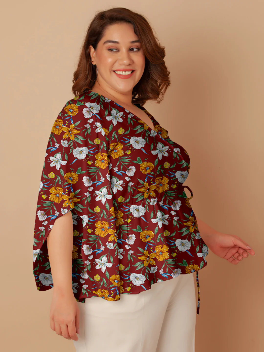 Red Floral Print Peplum Top - Image 4
