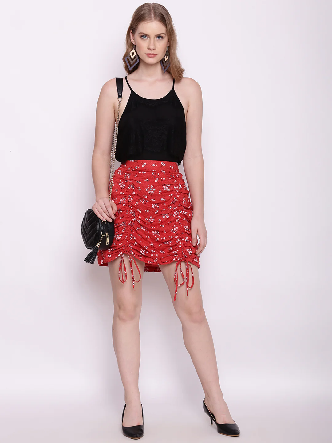 Red Floral Print Tie-Up Skirt - Image 4