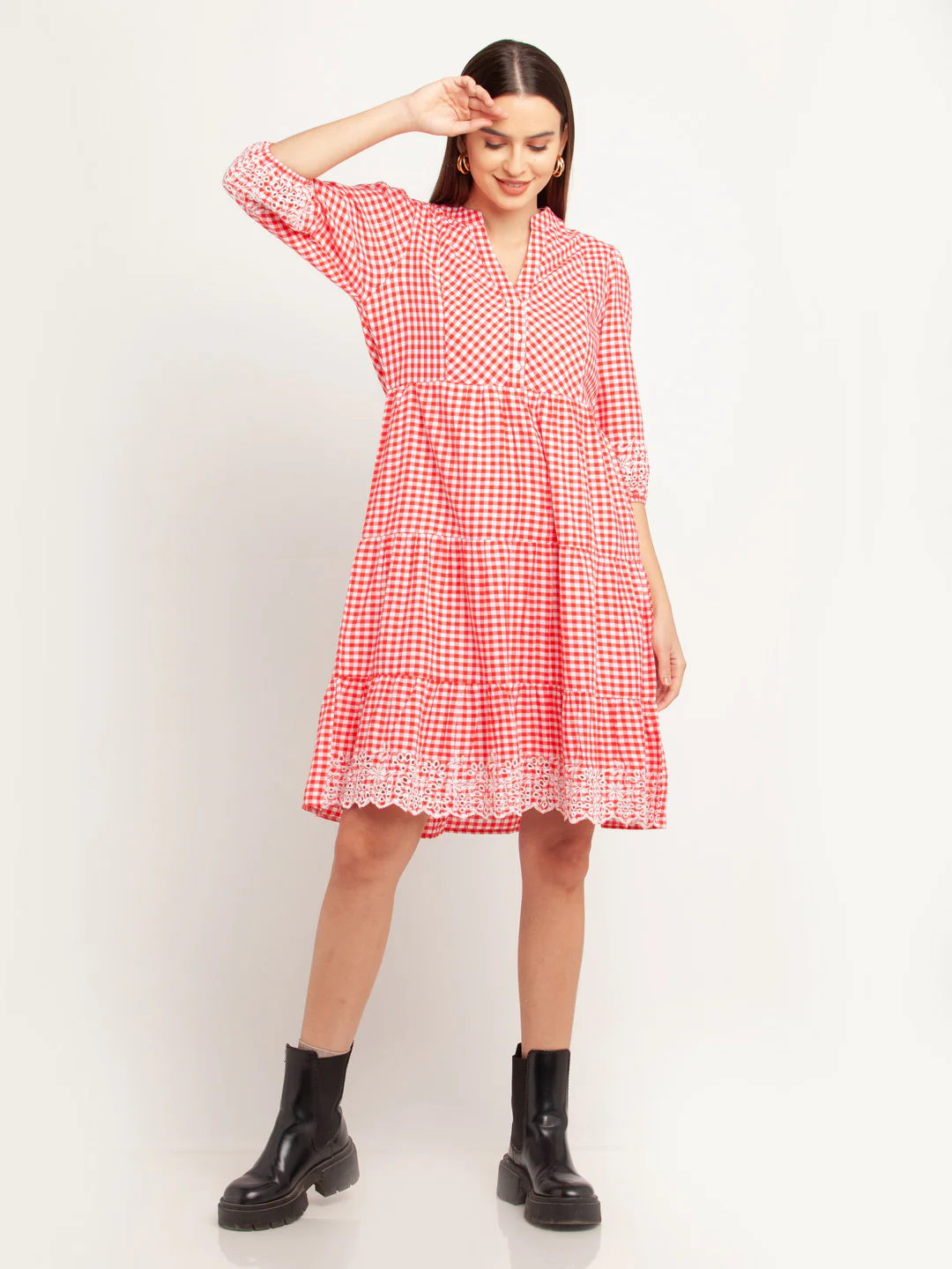 Red Lace Elbow Sleeves Short Dress - Image 2