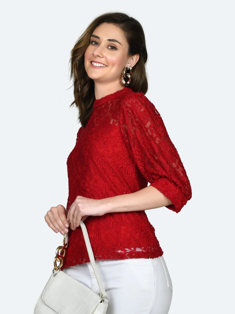 Red Lace Fitted Top - Image 3