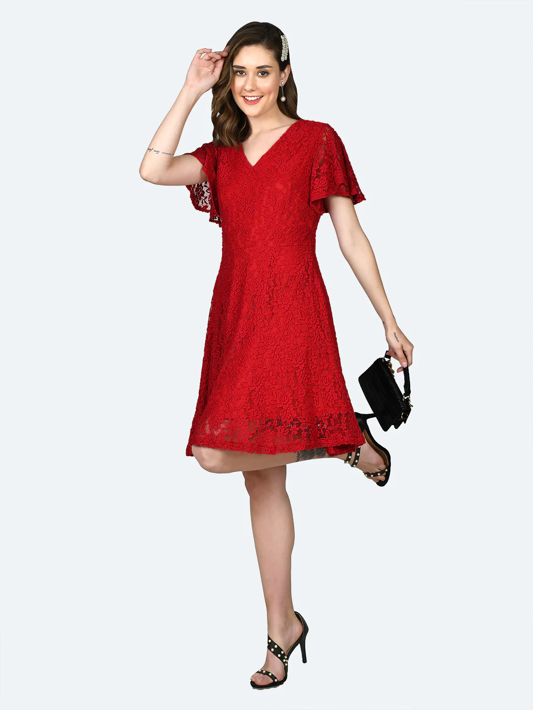 Red Lace Flared Sleeve Short Dress - Image 2