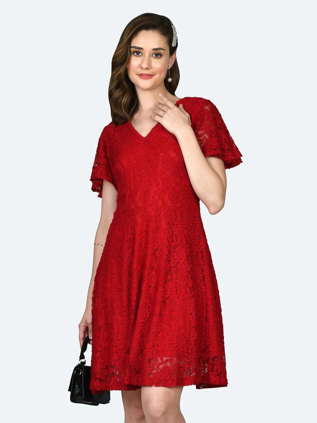 Red Lace Flared Sleeve Short Dress - Image 3