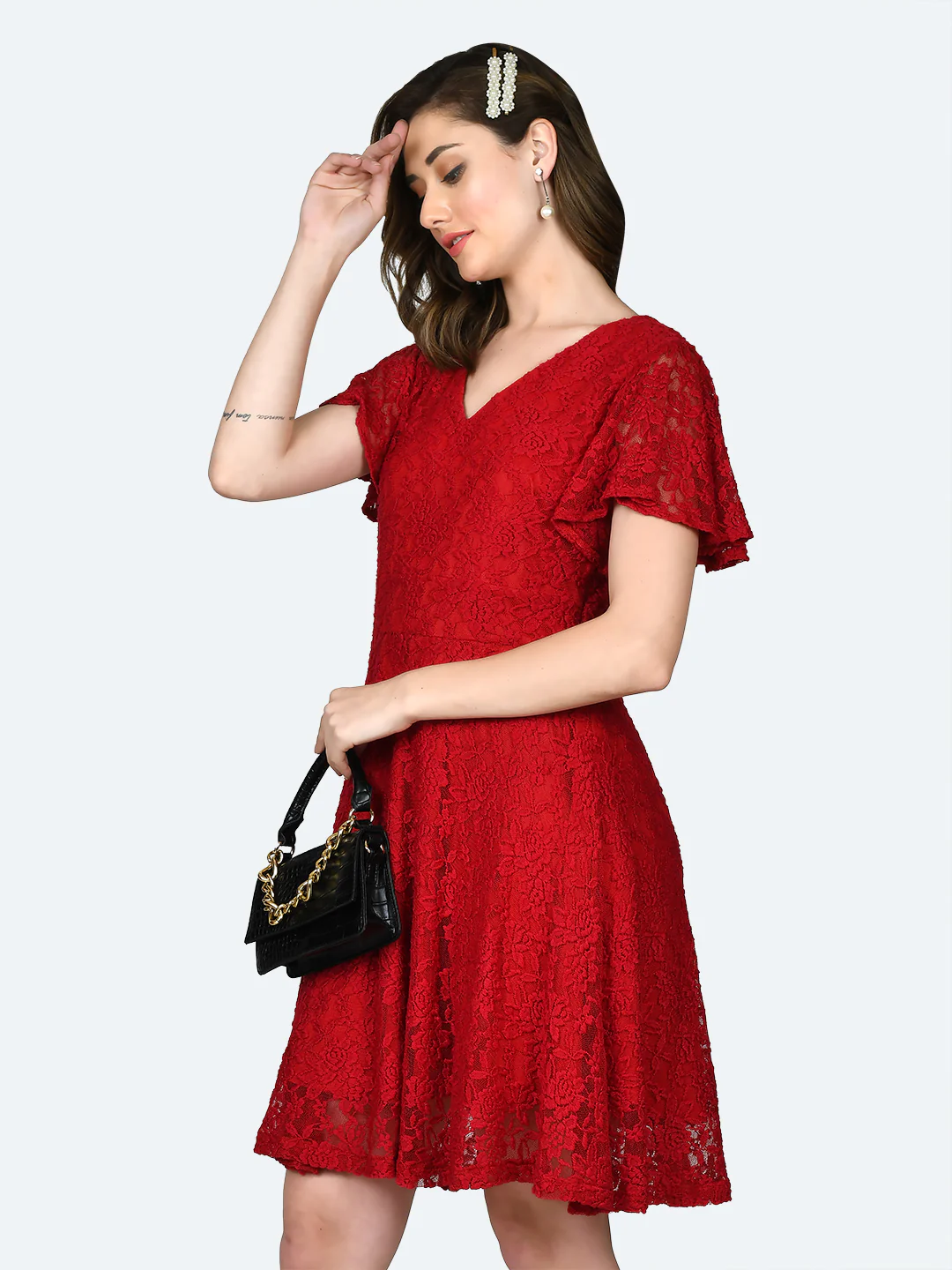 Red Lace Flared Sleeve Short Dress - Image 4