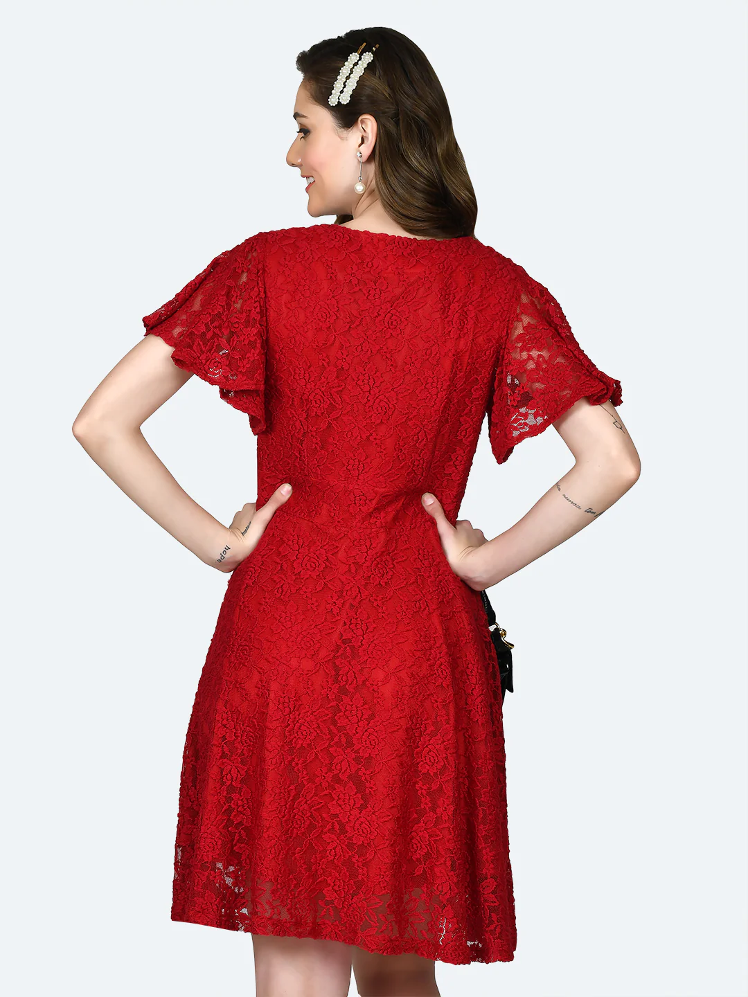 Red Lace Flared Sleeve Short Dress - Image 5