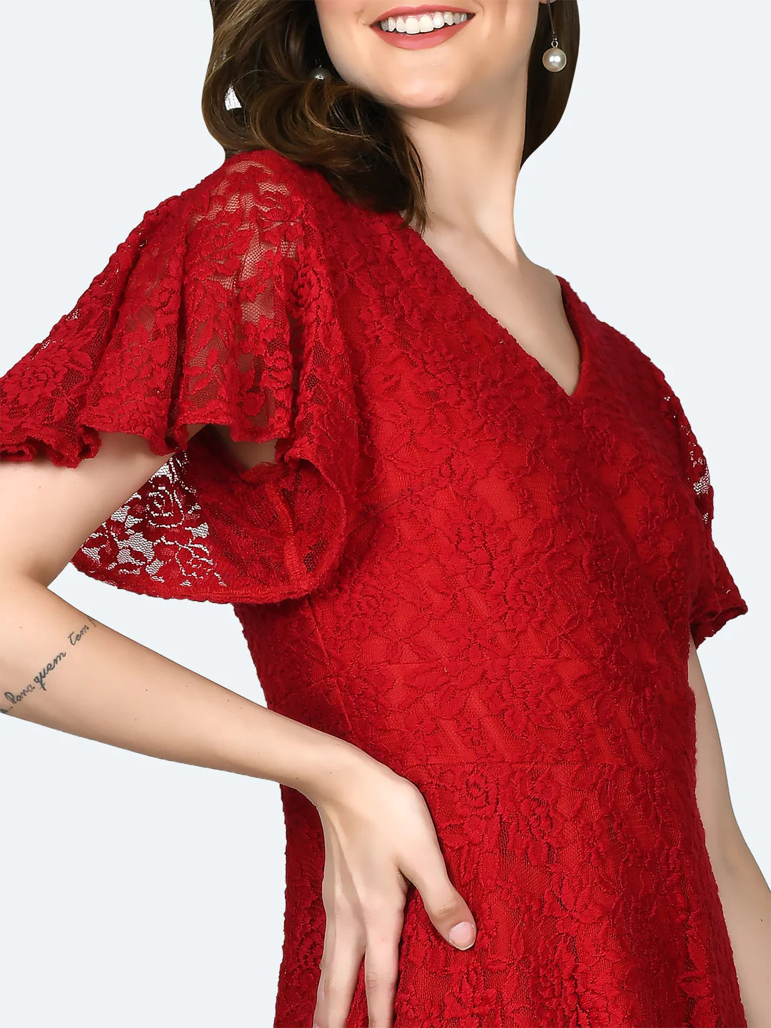Red Lace Flared Sleeve Short Dress - Image 6