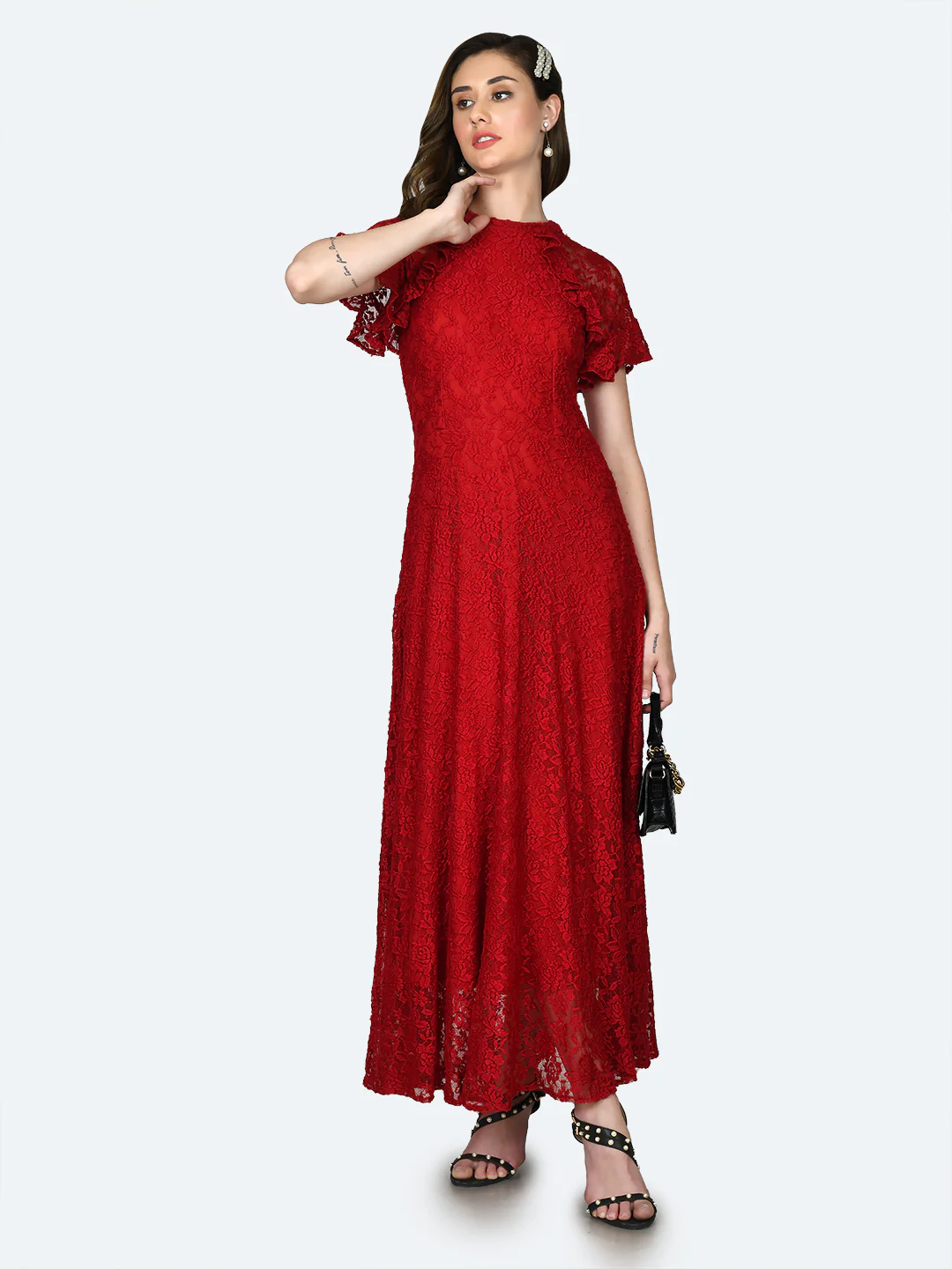 Red Lace Ruffled Maxi Dress - Image 2