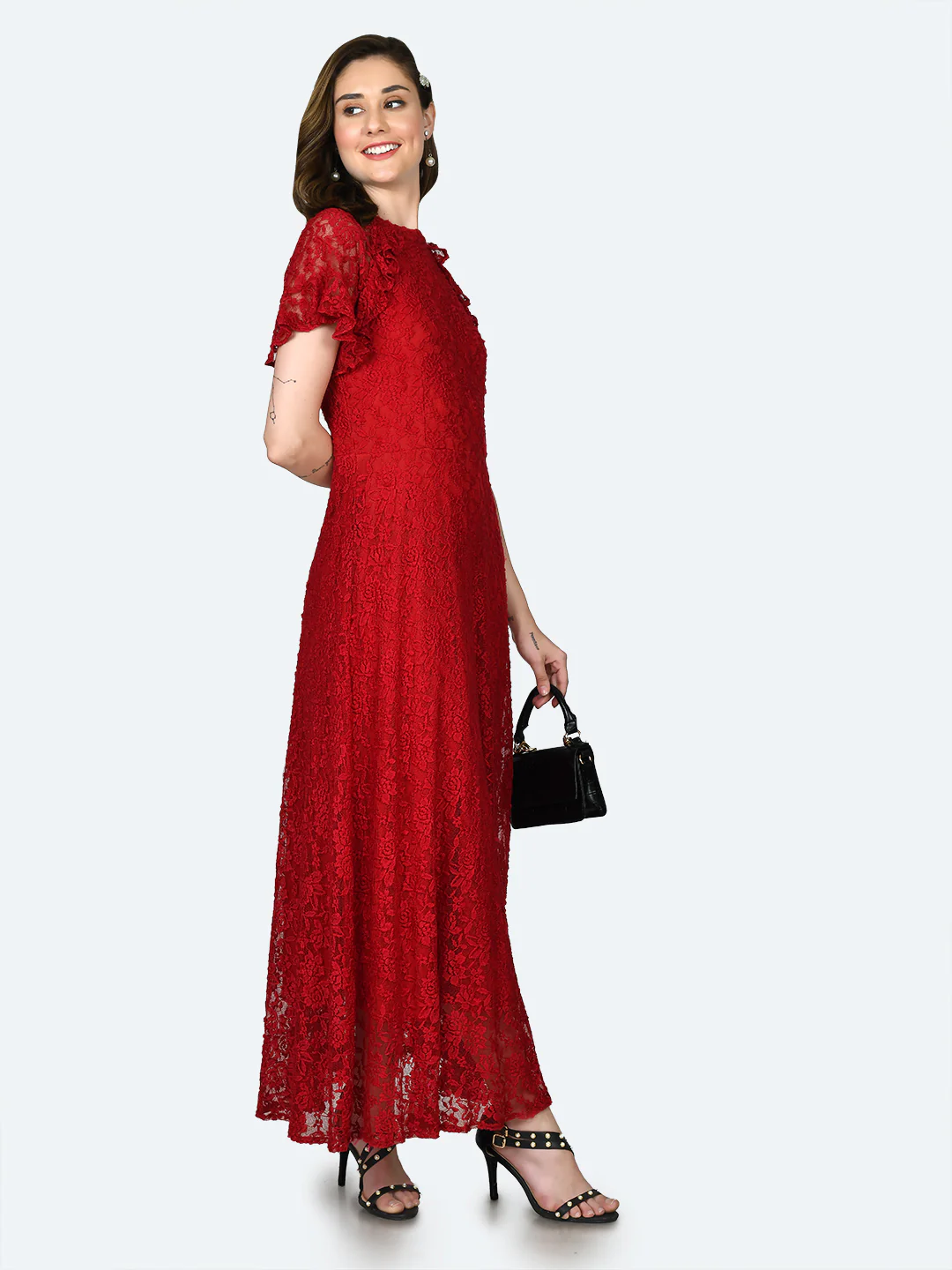 Red Lace Ruffled Maxi Dress - Image 3