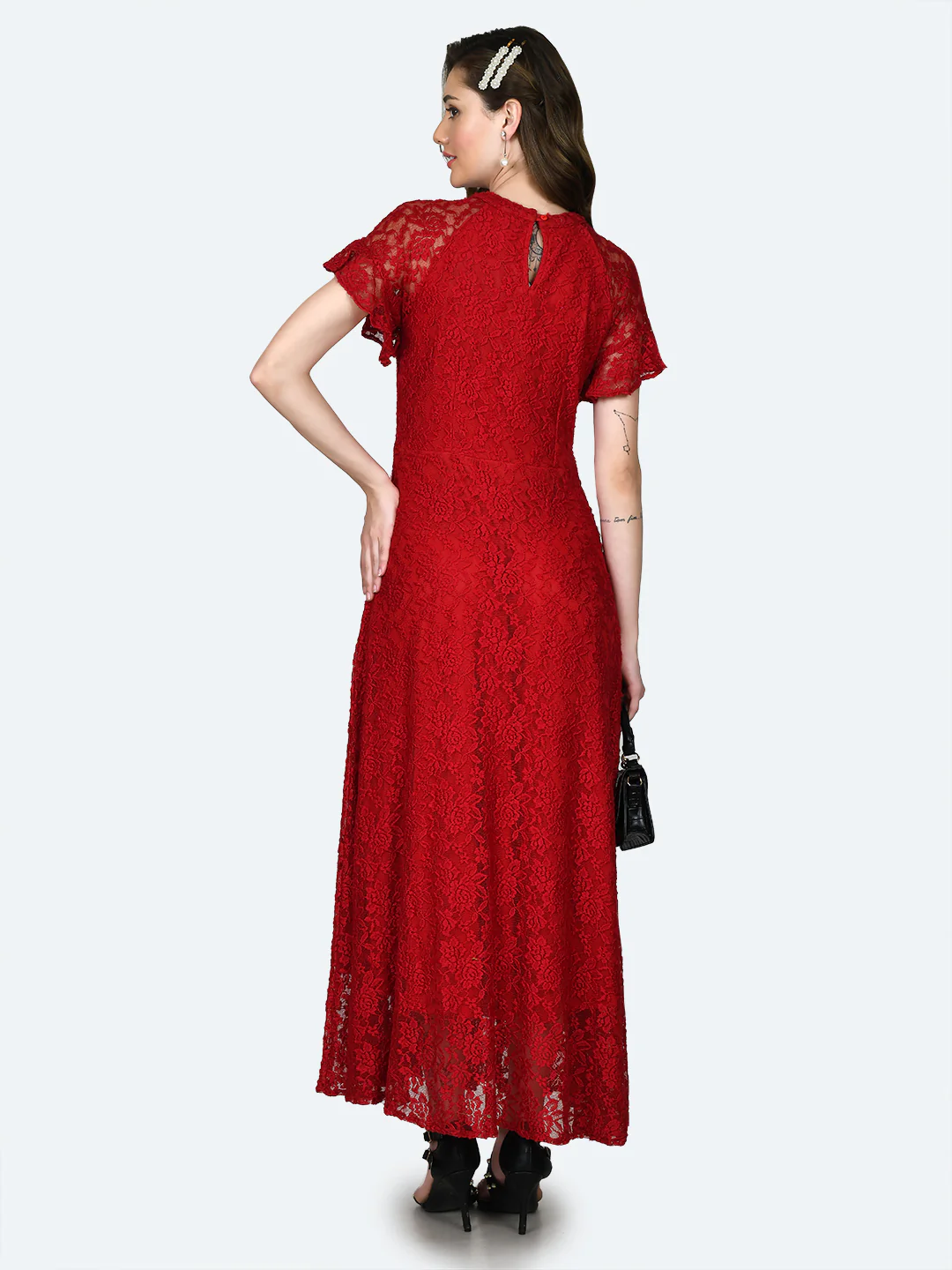 Red Lace Ruffled Maxi Dress - Image 4