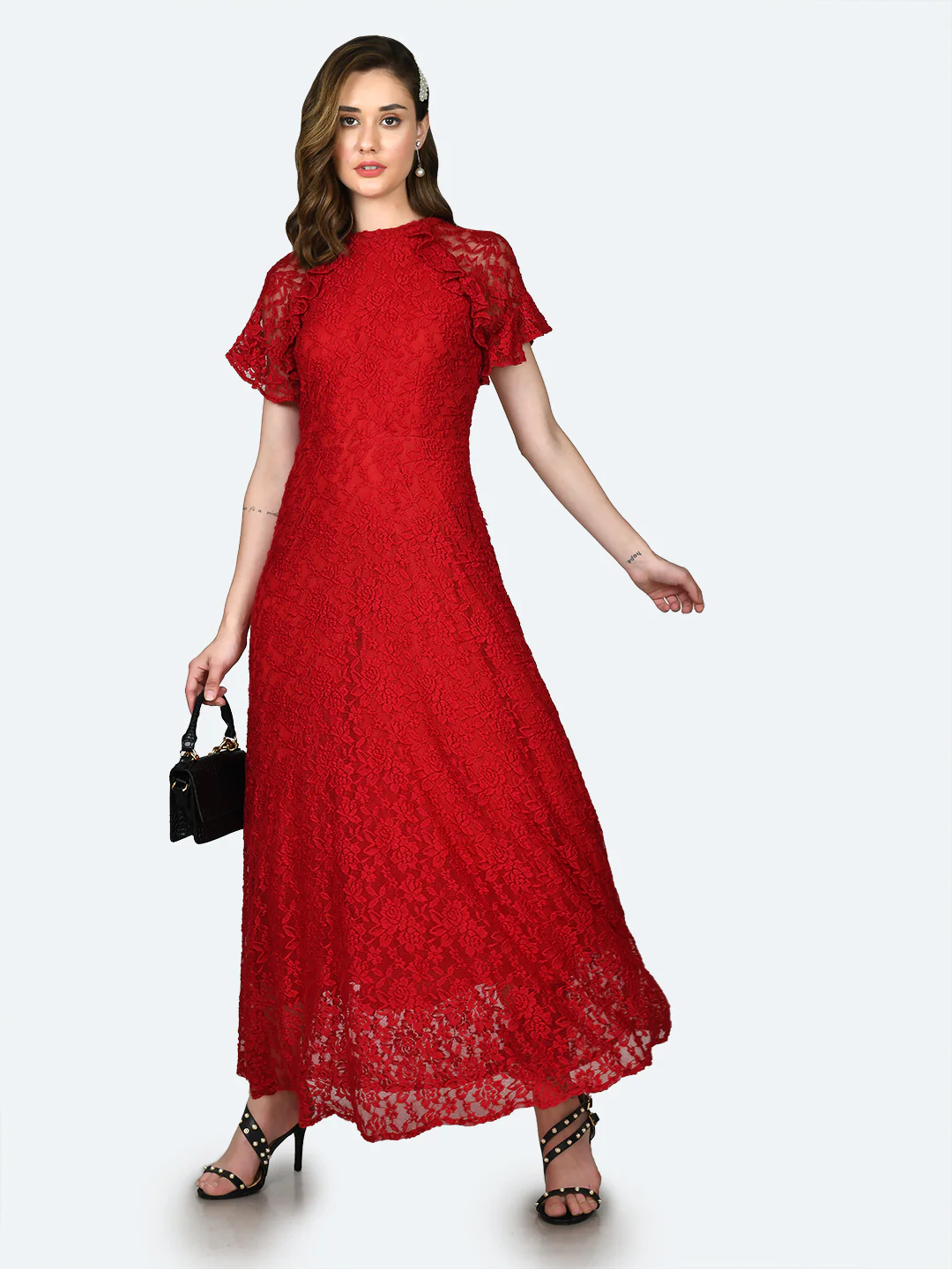 Red Lace Ruffled Maxi Dress - Image 5