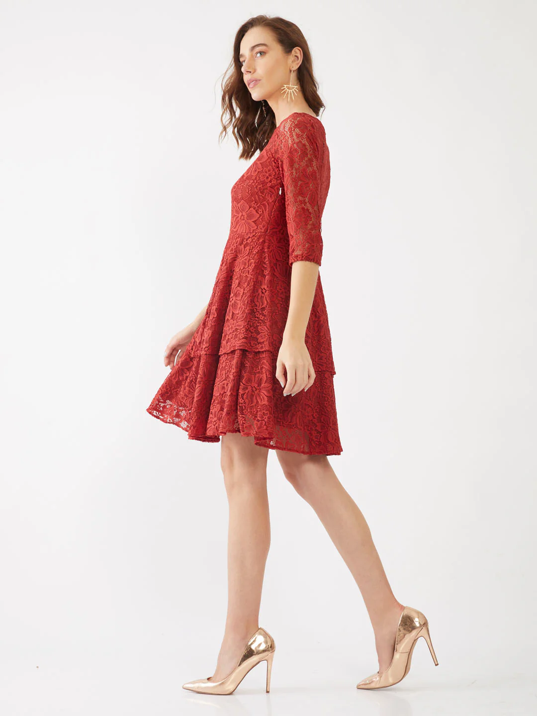 Red Lace Tiered Short Dress - Image 2