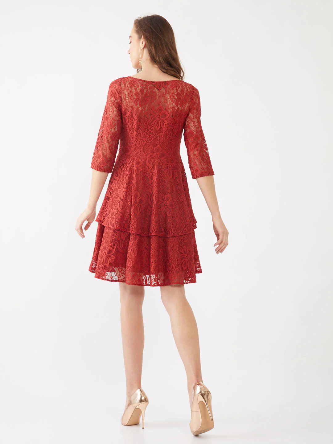 Red Lace Tiered Short Dress - Image 3