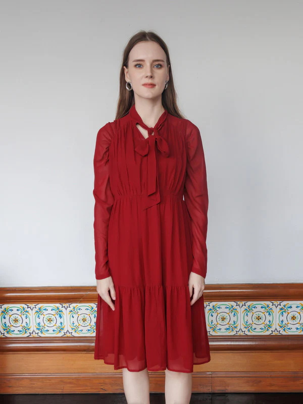 Red Solid Flared Knee-Length Dress - Image 2