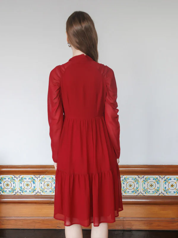 Red Solid Flared Knee-Length Dress - Image 4