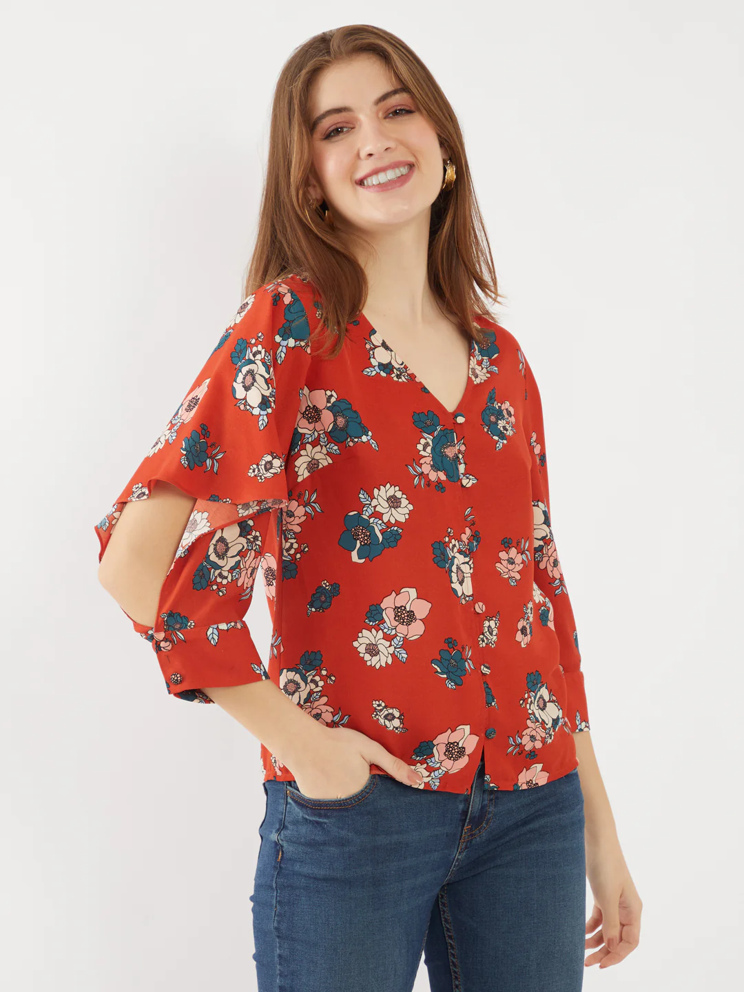 Red Printed Flared Sleeve Top - Image 2