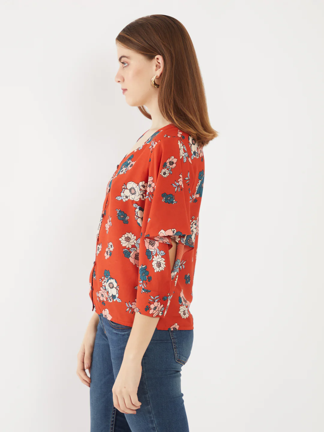Red Printed Flared Sleeve Top - Image 3